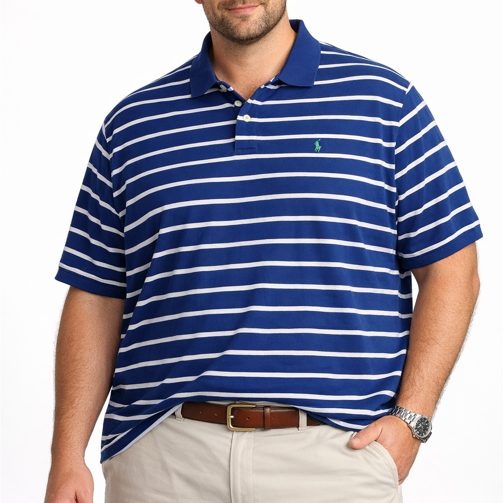 Men’s Polo by Ralph Lauren Blue and White Striped Classic Polo Size 2XB